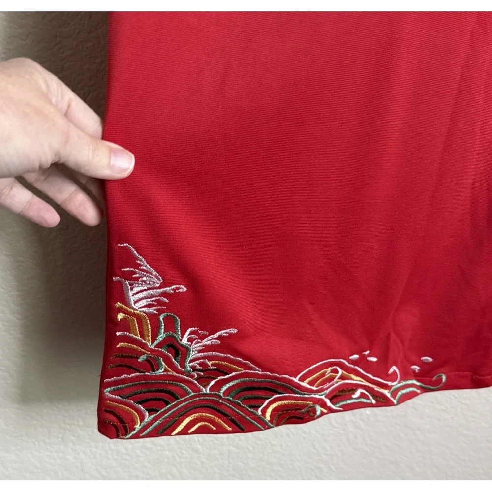 Womens XS Red Knit Wide‎ Flare Leg Pants Embroidered Hem Pocket Asian Style Boho
